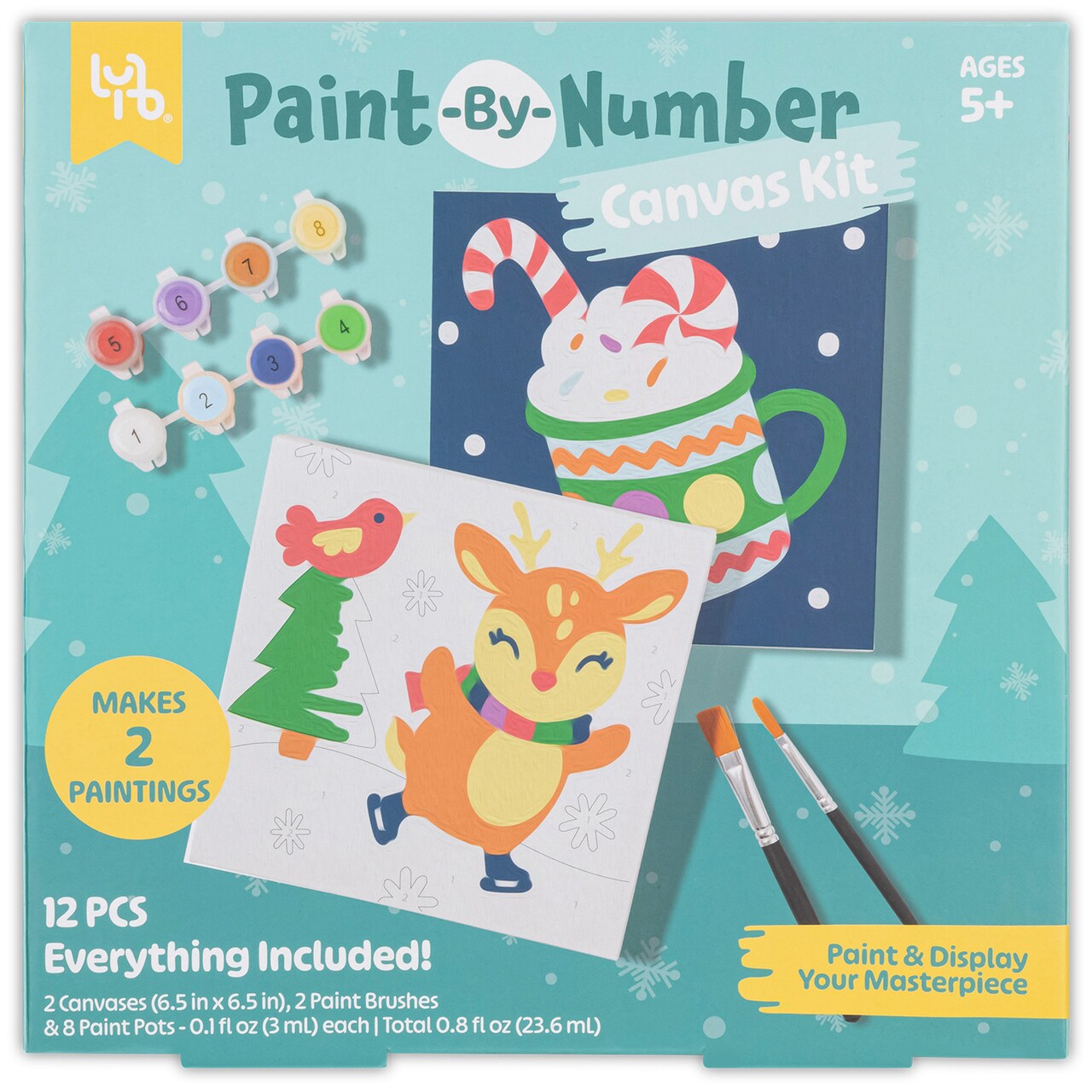 Little Yellow Bicycle: Reindeer Paint-By-Number Kit - Complete Art Set W/ 2 Canvases, 2 Brushes & 8 Paint Pots, Holiday-Themed, Kid & Adult Craft Kit